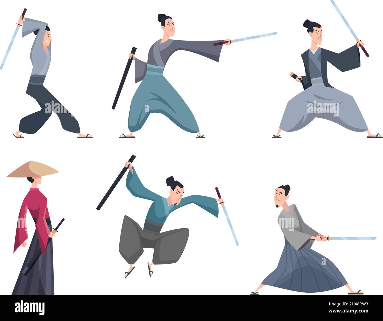 Samouraï.Hommes guerriers asiatiques avec épée diverses actions pose exact vecteur personnages de dessin animé isolés Illustration de Vecteur