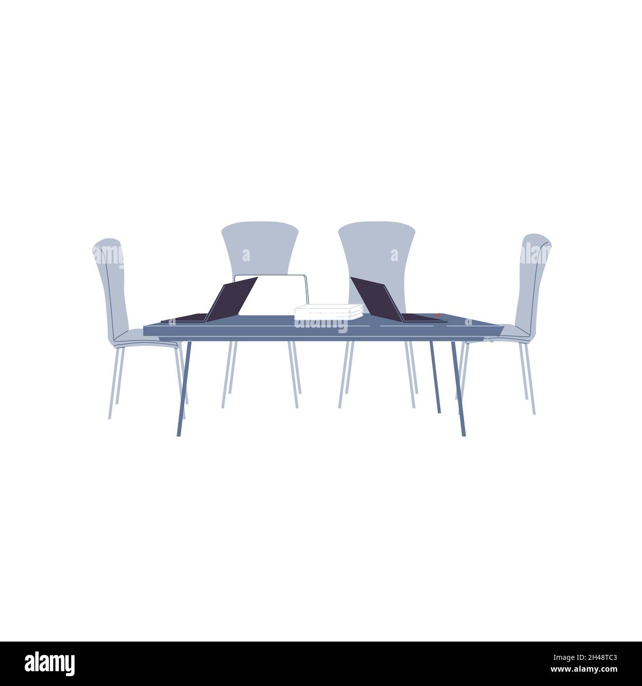 Table de travail de conférence de dessin animé plate avec ordinateurs portables et chaises, équipement électronique, mobilier et éléments intérieurs de bureau vecteur d'illustration concept Illustration de Vecteur