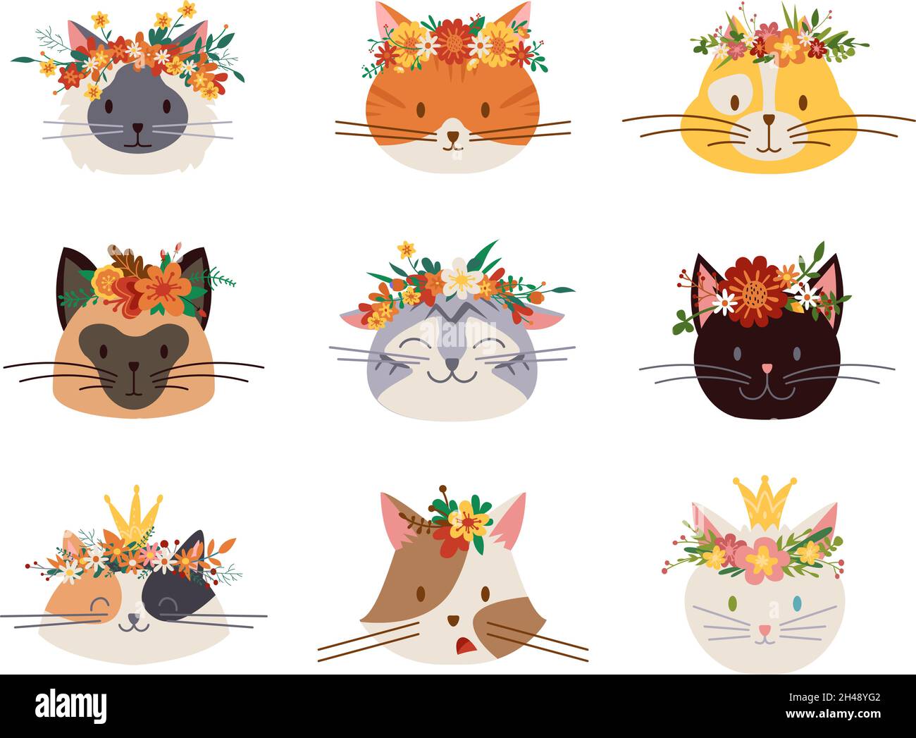 Chat en couronne de fleur.Têtes de chats mignons, animaux de dessin animé isolés.Autocollants