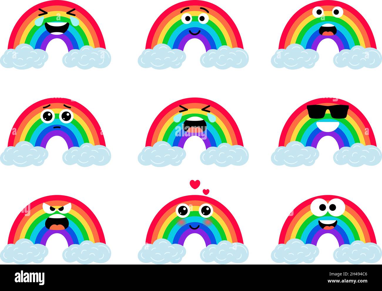 Rainbows visages drôles.Adorable personnage arc-en-ciel avec les yeux sur les nuages, kawaii sourire arc de pluie ensemble coloré illustration vectorielle, multicolore iris arc de pluie collection emoji isolé sur fond blanc Illustration de Vecteur