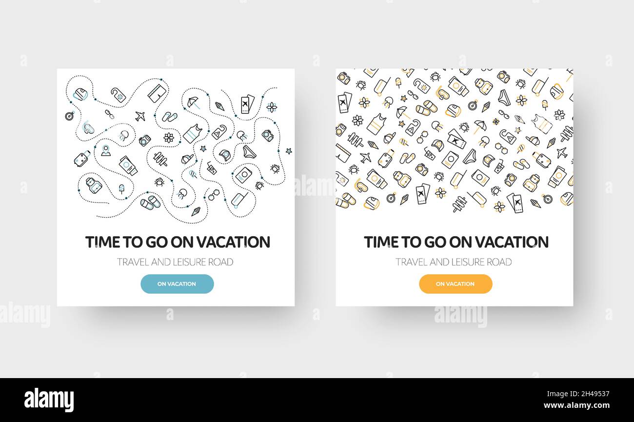 Bannière carrée vectorielle sur le thème du voyage, du week-end et des vacances d'été, avec un motif d'icônes linéaires.Modèle blanc avec jaune et bleu b Illustration de Vecteur