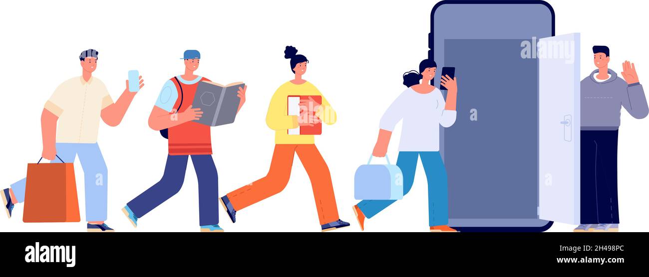 Utilisateurs de services en ligne.Les gens qui vont dans le smartphone, la dépendance aux médias sociaux.L'éducation virtuelle, les achats et les voyages.Concept de vecteur de style de vie moderne Illustration de Vecteur