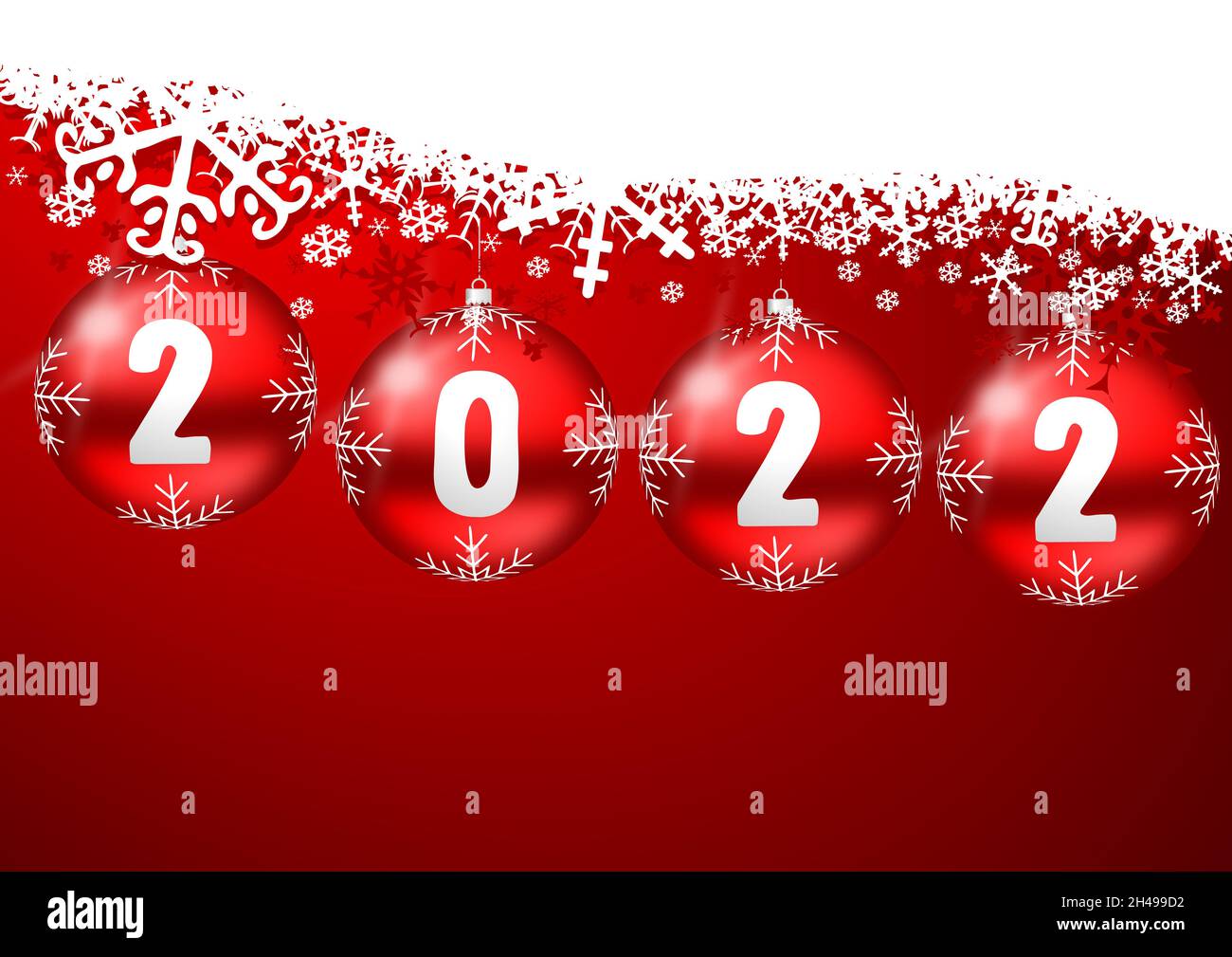 Design nouvel an 2022, carte de vœux avec boules rouges de noël et