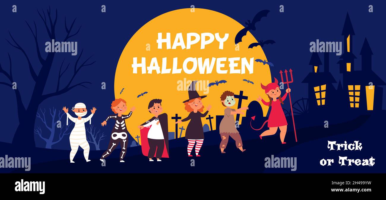 Joyeux halloween pour les enfants.Enfant en costume la nuit, fête de trick ou de traite.Bannière de groupe d'enfants, mignon creepy drôle amis décent poster vectoriel Illustration de Vecteur