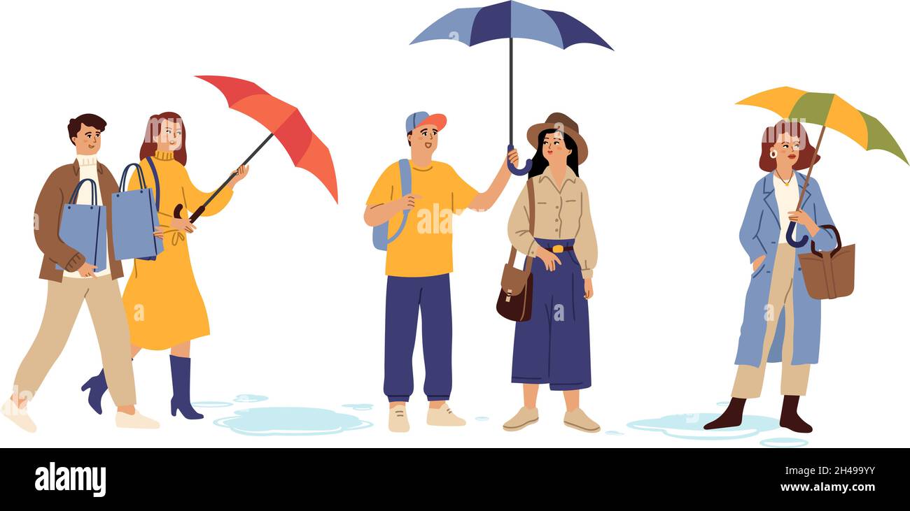 Automne personnes avec parasols.Jour de pluie, personne marche avec parapluie coloré.Femme homme debout dans des personnages vectoriels de flaque Illustration de Vecteur