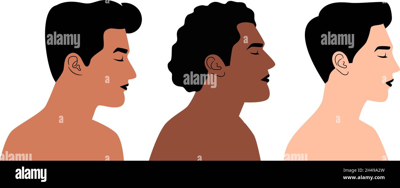 Personnes de différentes nationalités dans le profil.Dessin animé visage portrait d'hommes sans vêtements, illustration vectorielle de diverses nations et couleurs avatars isolés sur fond blanc Illustration de Vecteur