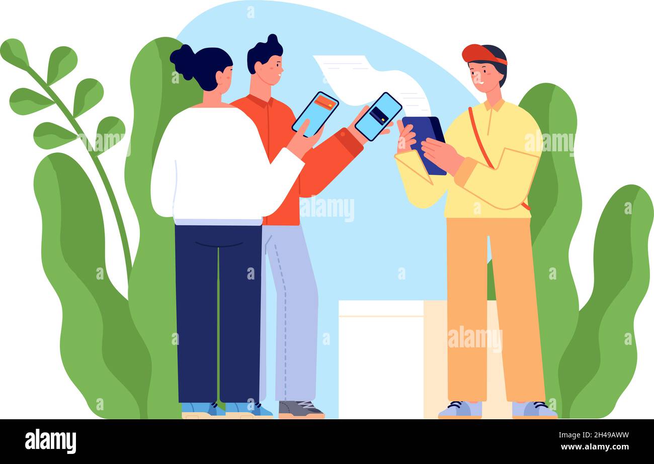 Paiements sans espèces.Traitement des paiements par carte, chèque numérique de la banque du terminal.Le couple paie avec le téléphone pour la livraison, le concept de vecteur de shopping Illustration de Vecteur