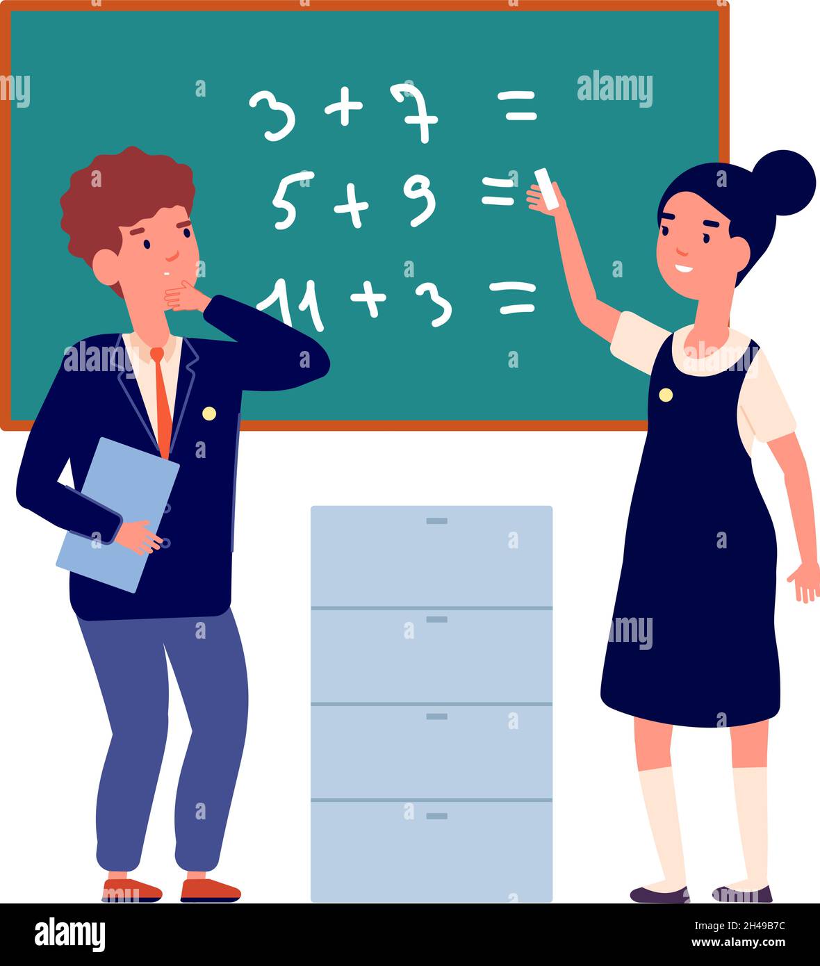 Éducation préscolaire.De retour à l'école, une fille de garçon porte un uniforme en classe.Les enfants de dessin animé près du tableau de surveillance résolvent des exemples dans le concept de vecteur arithmétique Illustration de Vecteur
