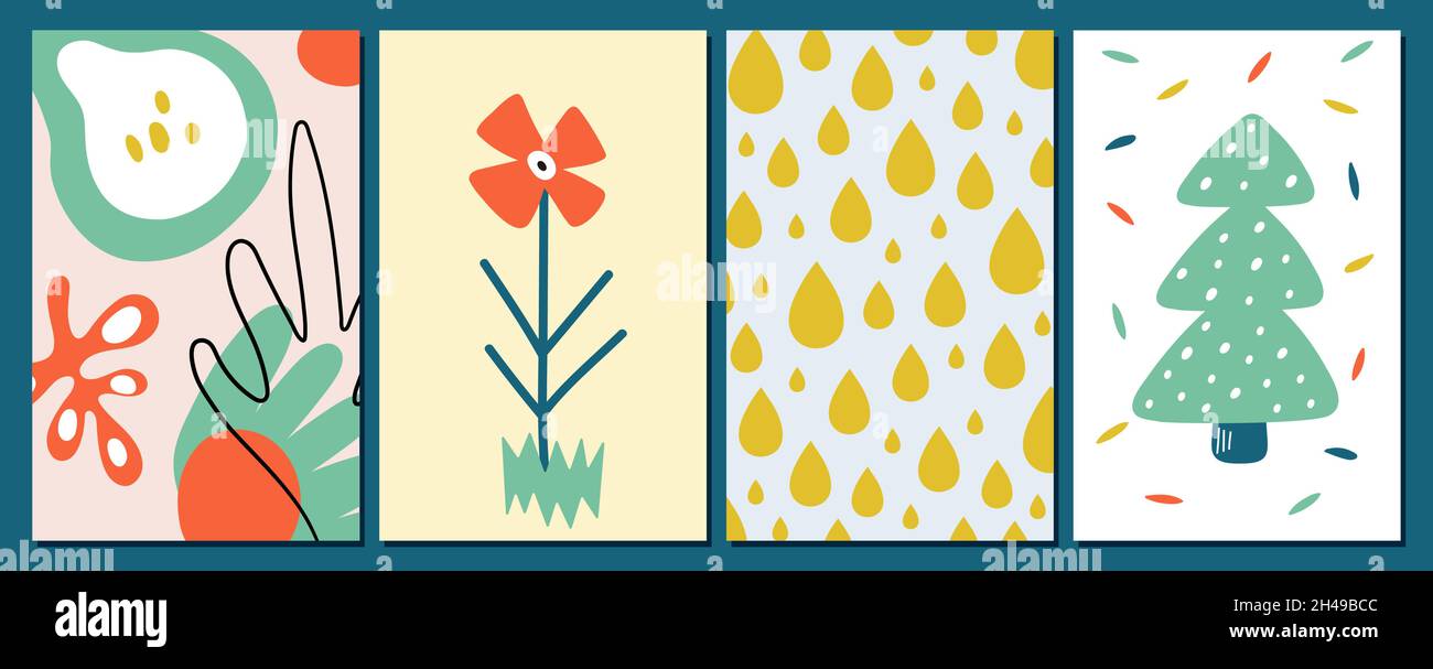 Cartes contemporaines abstraites.Symboles quatre saisons, gouttes de pluie et sapin de noël avec boules de neige.Jolis éléments à motifs vectoriels modernes Illustration de Vecteur