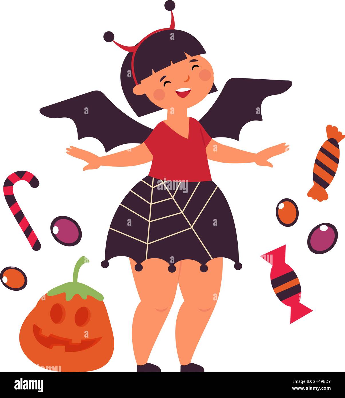 Happy Girl Wear Halloween robe.Joli petit costume de chauve-souris, visage effrayant citrouille et bonbons illustration vectorielle Illustration de Vecteur