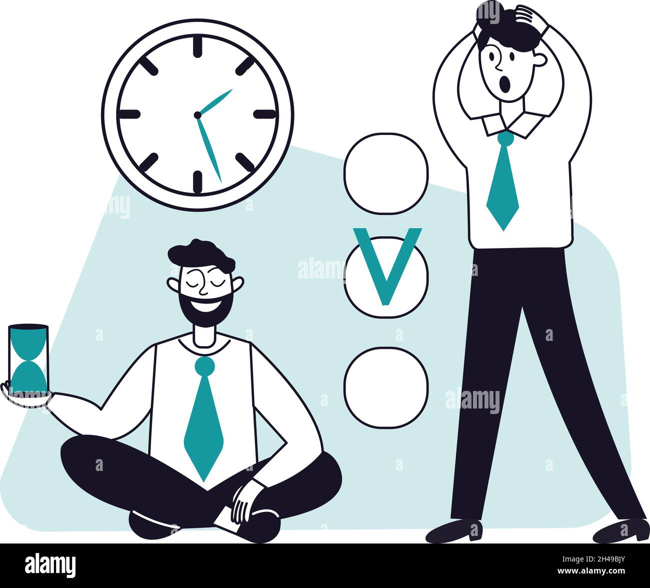 Concept de gestion du temps d'affaires.L'homme sauve calme, le travailleur nerveux au sujet de la date limite.Personnages vectoriels de managers de bureau masculins Illustration de Vecteur
