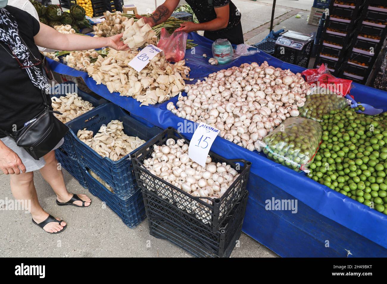 Femme achetant des légumes frais biologiques, prune, champignons, oignon frais au marché de bazar du village à Manavgat, Antalya, Turquie. Banque D'Images