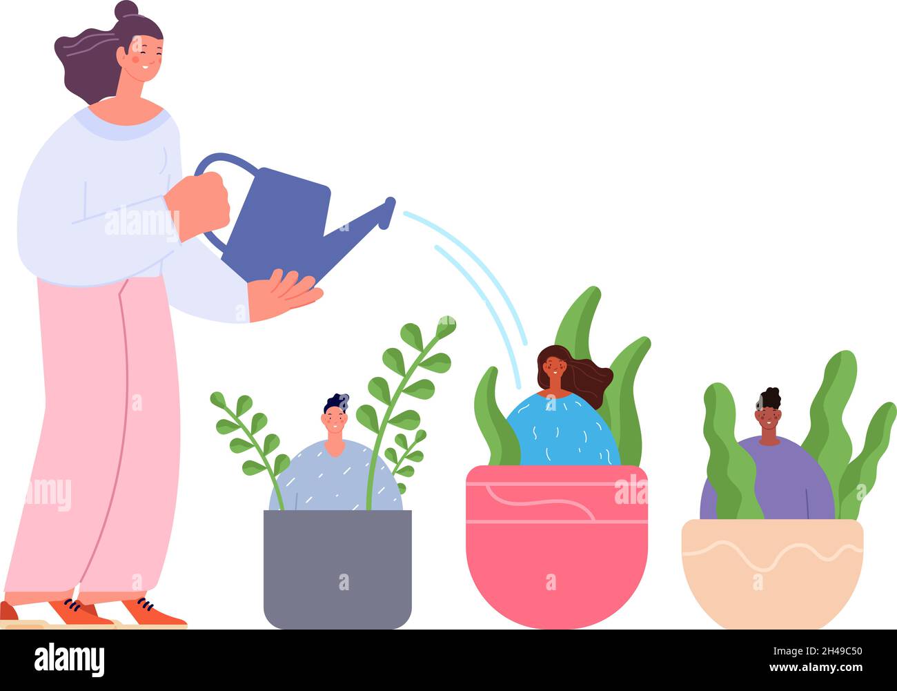 Croissance des employés.Concept de mentorat, Manager arrosoir jeune équipe.Les gens sont assis dans des pots avec des plantes et le patron, le développement de groupe d'affaires scène vectorielle Illustration de Vecteur