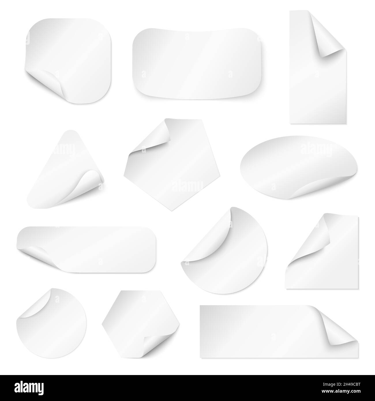 Autocollants de coins recourbés.Papier bord incurvé, étiquettes blanches pour le magasin.Boucles étiquettes maquette, carré rond, rectangle feuilles collantes vierges jeu de vecteurs récent Illustration de Vecteur