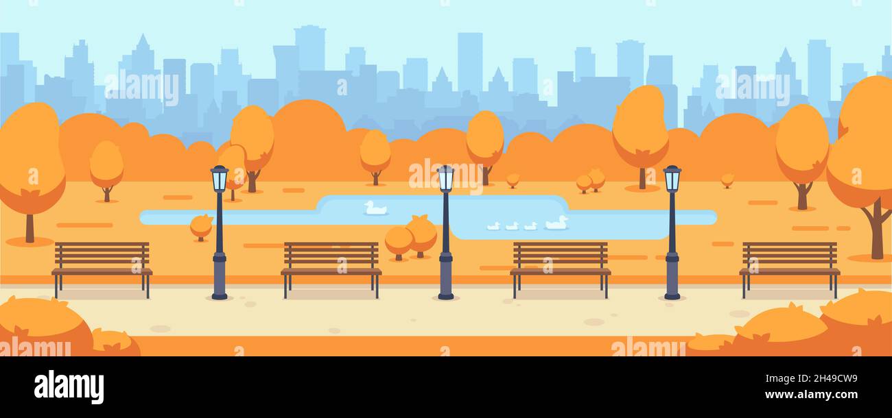Belle route de ville d'automne.Ville de parc d'automne avec ciel bleu et silhouettes de bâtiment.Orangers nature paysage, saisons vecteur extérieur panoramique Illustration de Vecteur