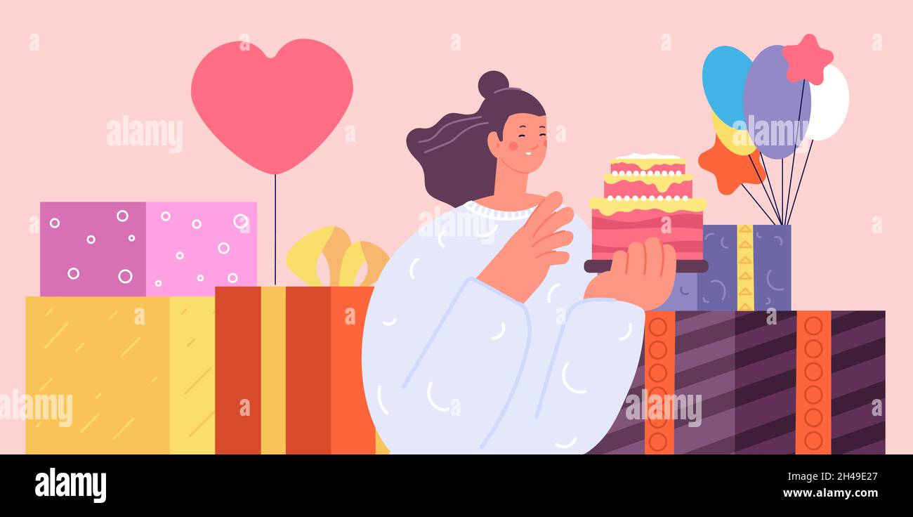 Fille Celebrant Son Anniversaire Ado Avec Gateau Et Cadeaux Femme En Ligne Partie Un Seul Personnage Femelle Manger Dessert Evenement Virtuel De La Metaphore De Vecteur De La Coupe Image Vectorielle Stock Alamy