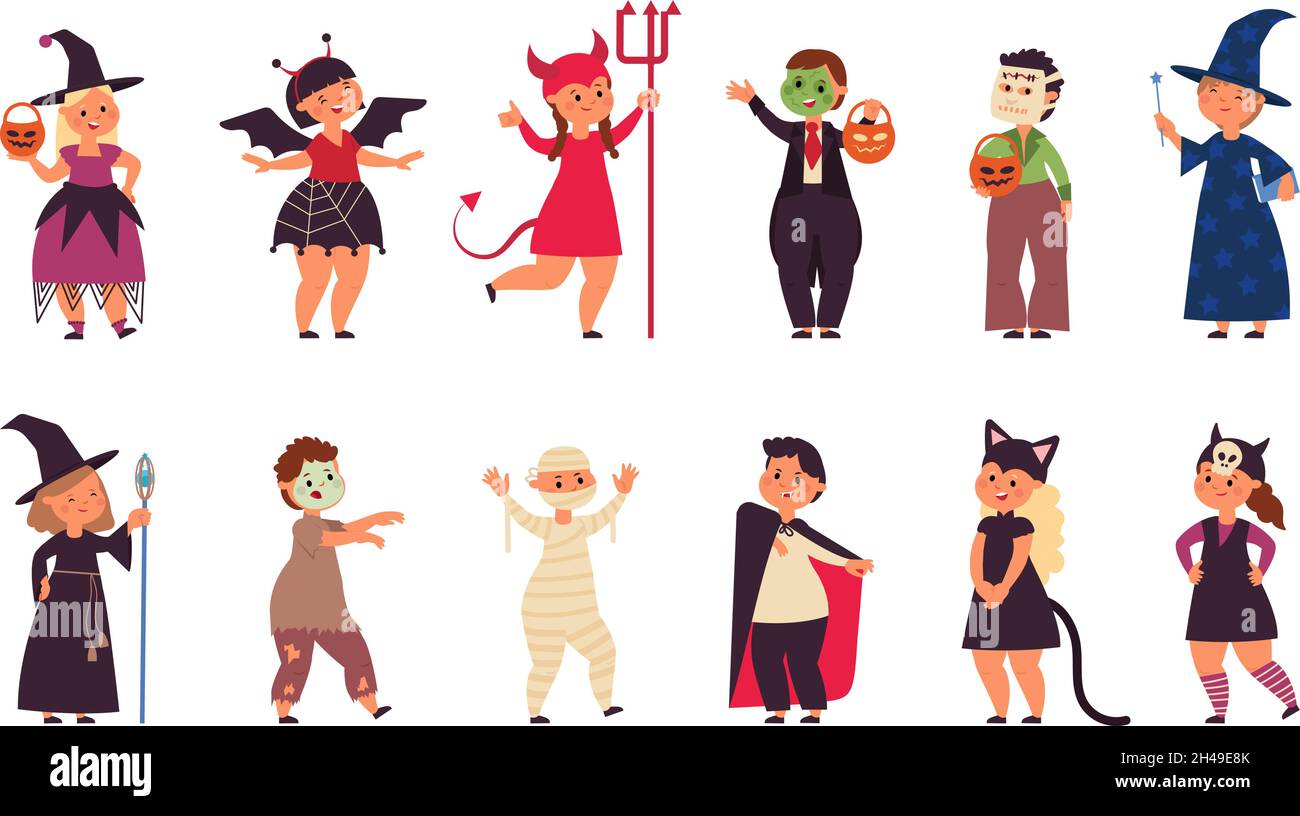 Personnages de fête d'Halloween.Amis déguisements, petit mignon gamin zombie fest.Jeunes enfants portent des costumes de carnaval, créepy drôle enfants décent ensemble de vecteur Illustration de Vecteur