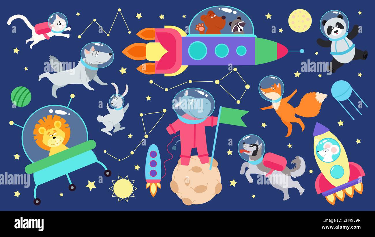 Ensemble animaux de l'espace.Les planètes enfants, les astronautes d'animaux de dessins animés plats.Personnages mignons dans le vaisseau spatial, volant dans une fusée dans l'univers.Les enfants cosmos décents Illustration de Vecteur
