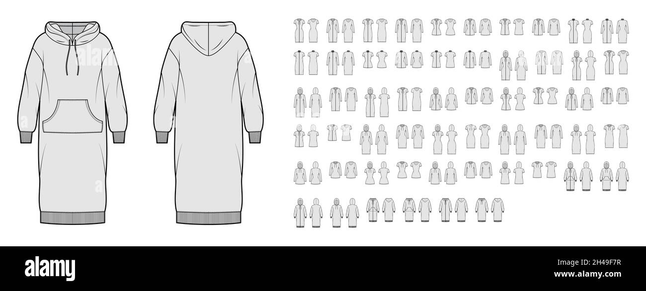 Ensemble de robes décontractées illustration technique de la mode avec manches longues courtes au coude, sweat à capuche à col roulé, mini jupe longueur genou modi.Vêtements plats à l'avant et à l'arrière, de couleur grise.Maquette de CAO unisexe pour femmes Illustration de Vecteur