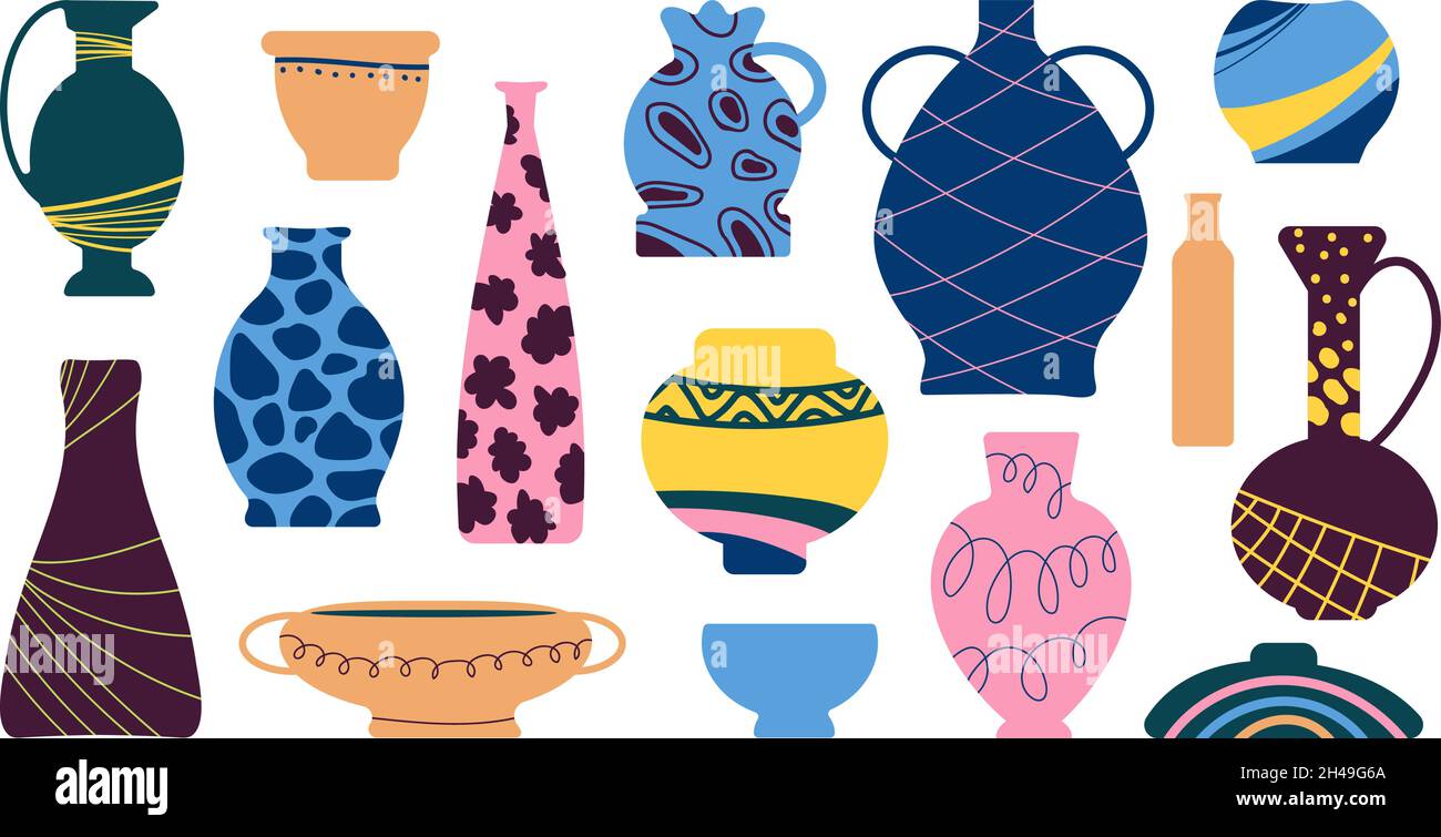 Vases en céramique.Vase antique, icônes de poterie ancienne.Pot et verseuse en faïence, bol en argile.Plat élégant contemporain à main levée formes vectorielles décentes Illustration de Vecteur