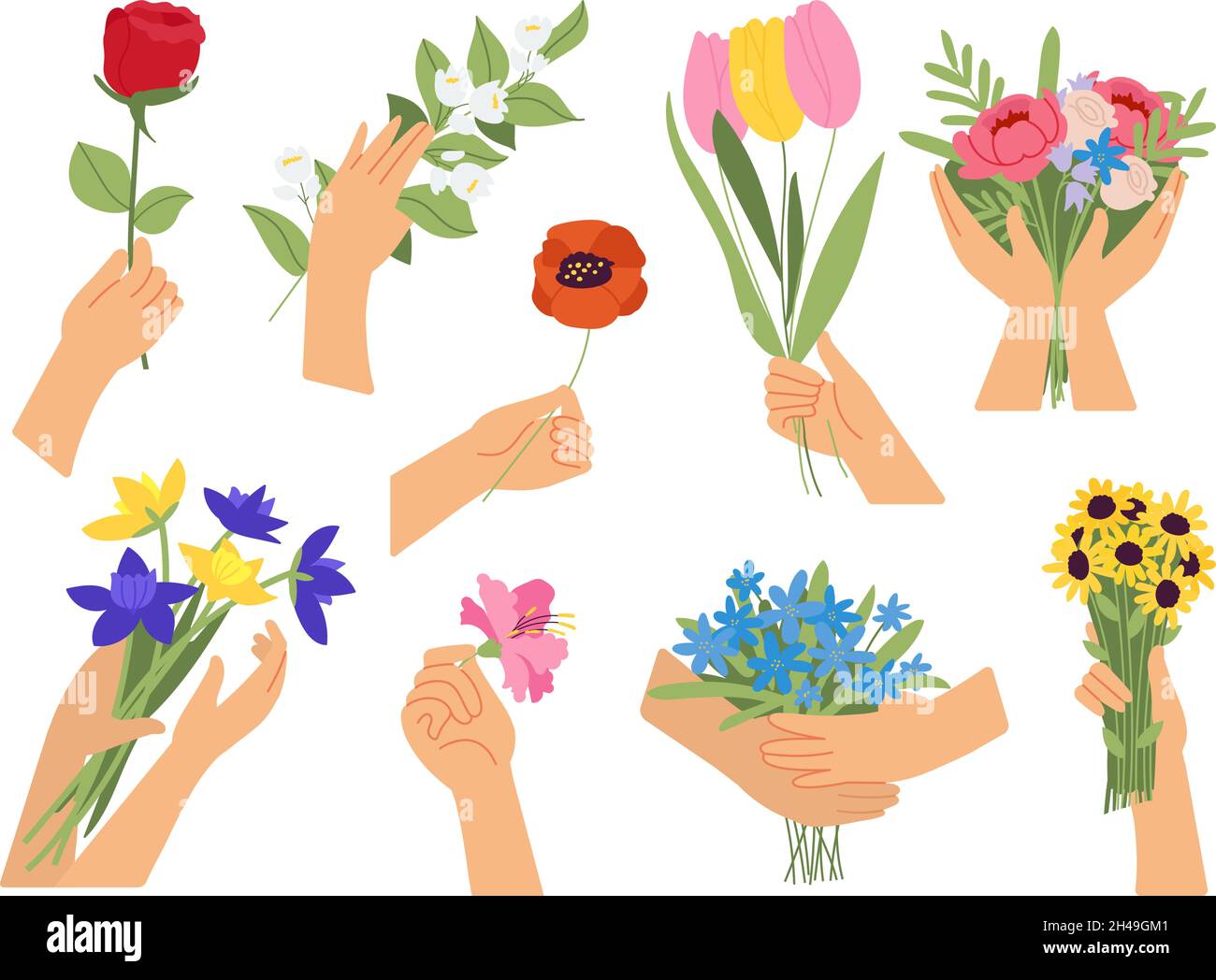 Mains tenant des fleurs.Bouquet de fleurs dans la main des femmes, kit de printemps de fleur de dessin animé.Bouquet botanique décoratif, fleuriste magasin décent collection de vecteur Illustration de Vecteur