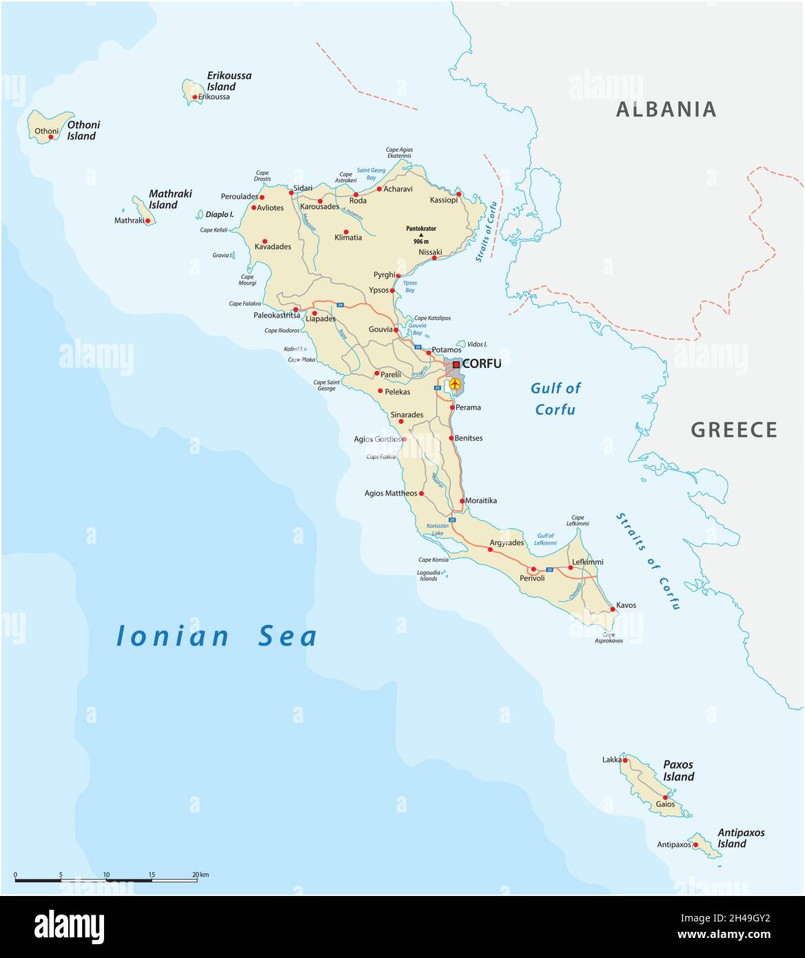 Carte routière vectorielle de l'île Ionienne de Corfou, Grèce Illustration de Vecteur