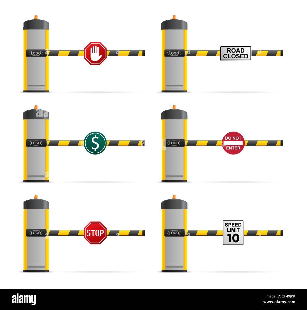 Ensemble de barrières de rue avec panneaux de signalisation routière.Concept de point de contrôle Illustration de Vecteur