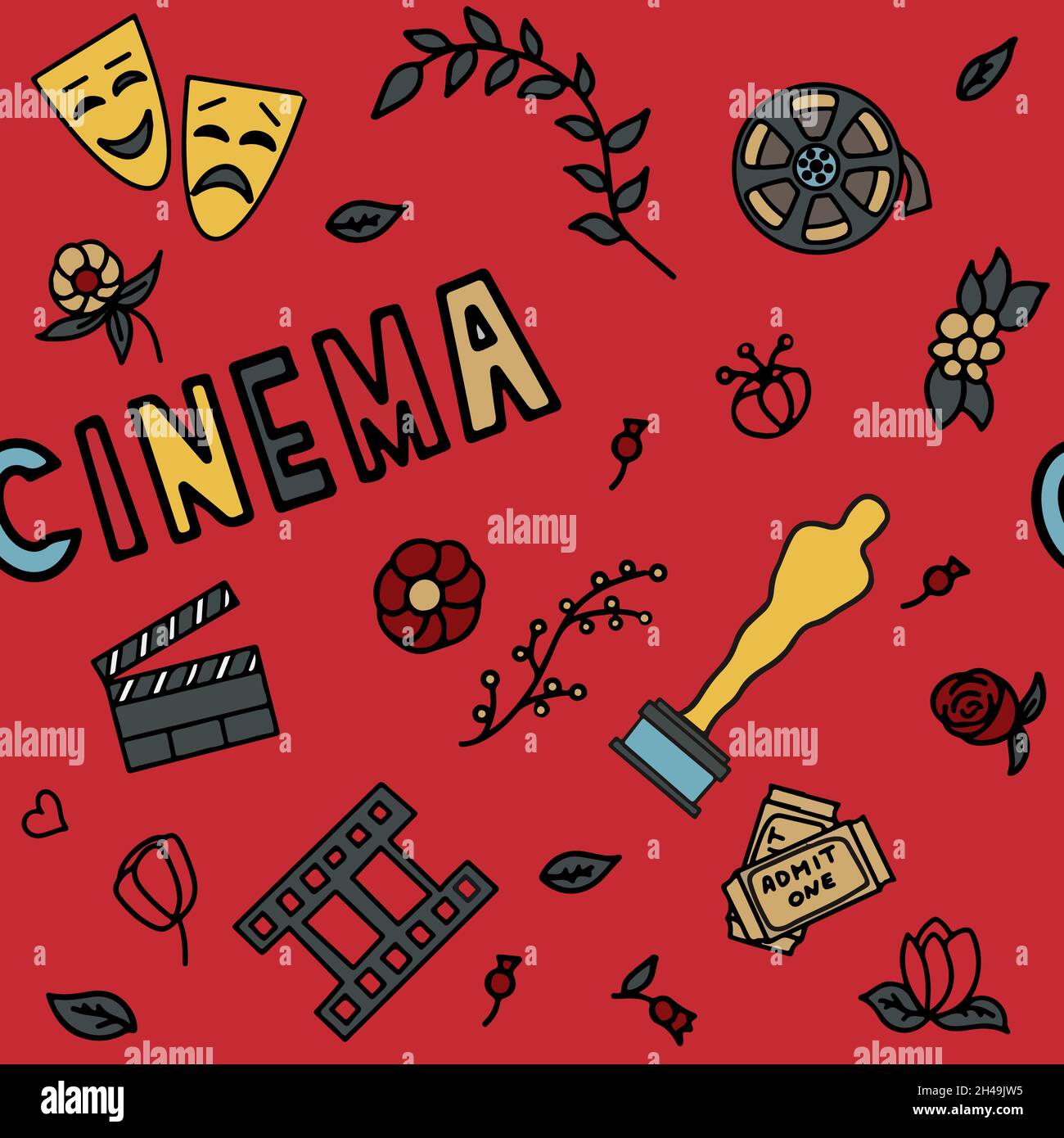 Seamless Pattern avec les icônes film, séries TV, séries et films Funny Doodle Vector.Illustration colorée dessinée à la main.Configuré pour les podcasts, les récompenses et Illustration de Vecteur