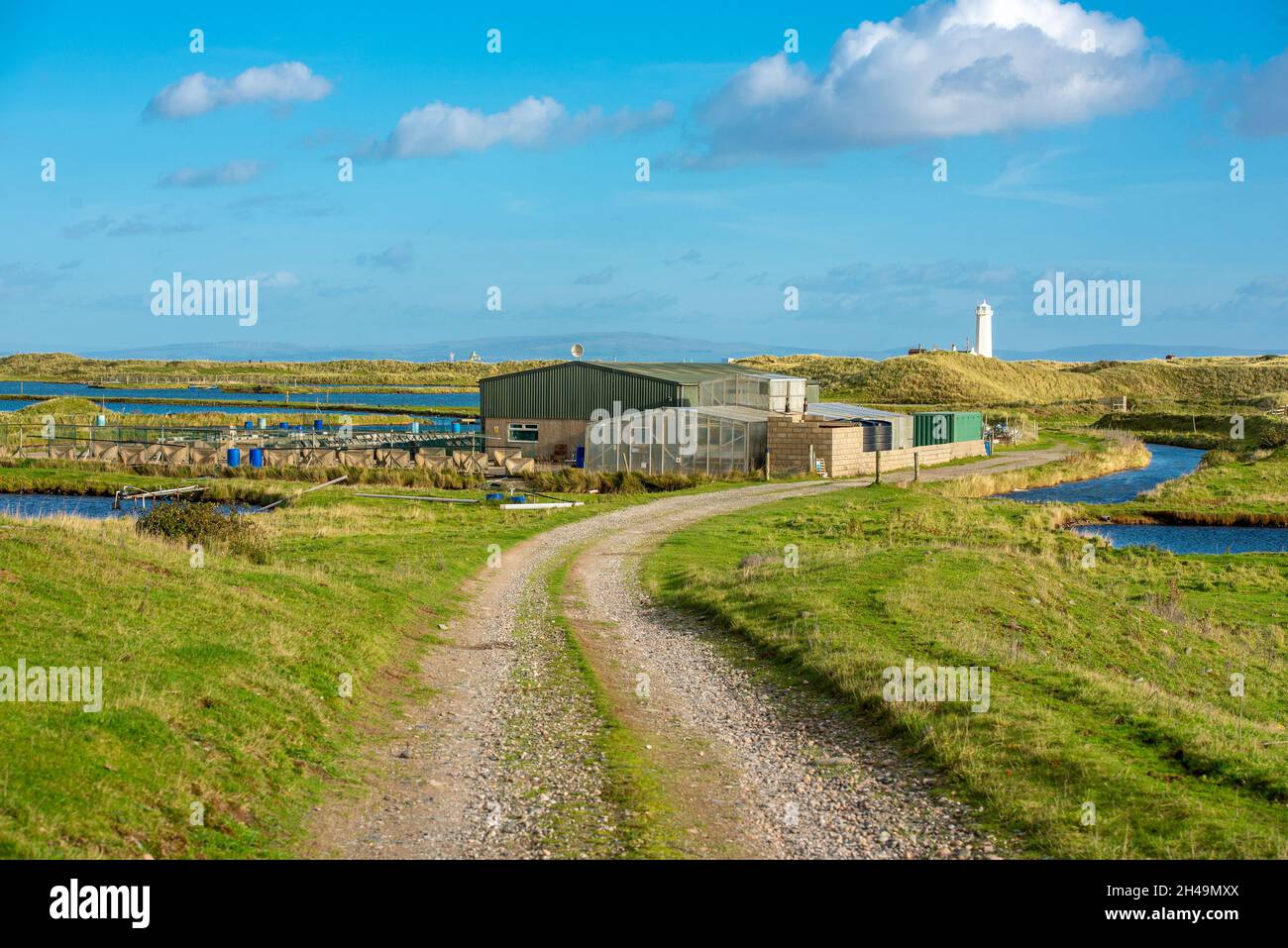 Vue sur la ferme ostréicole de Walney Island, Barrow-in-Furness, Cumbria, Royaume-Uni Banque D'Images