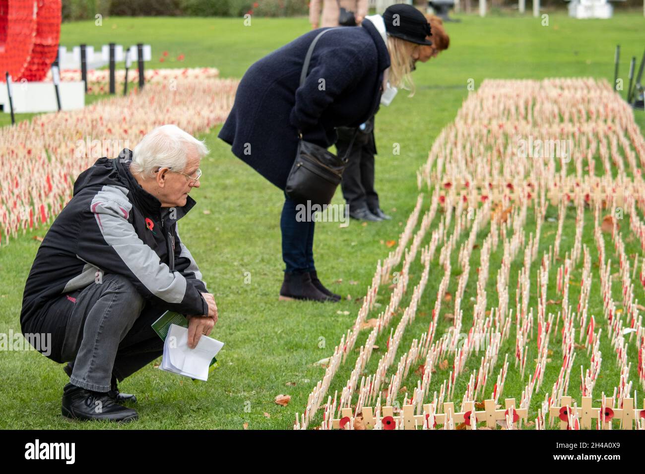 Le service d'ouverture du champ du souvenir au Mémorial national d'Arbouremtum.Les gens qui regardent les rangées de coquelicots dans le champ de coquelicots de la Légion britannique. Banque D'Images