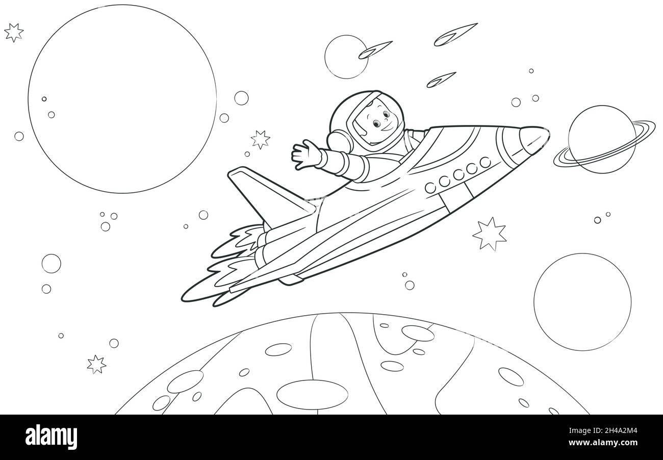 Livre de coloriage : un astronaute vole sur une navette entre les planètes et fait son salut avec sa main.Illustration vectorielle , style de dessin animé, noir et blanc Illustration de Vecteur