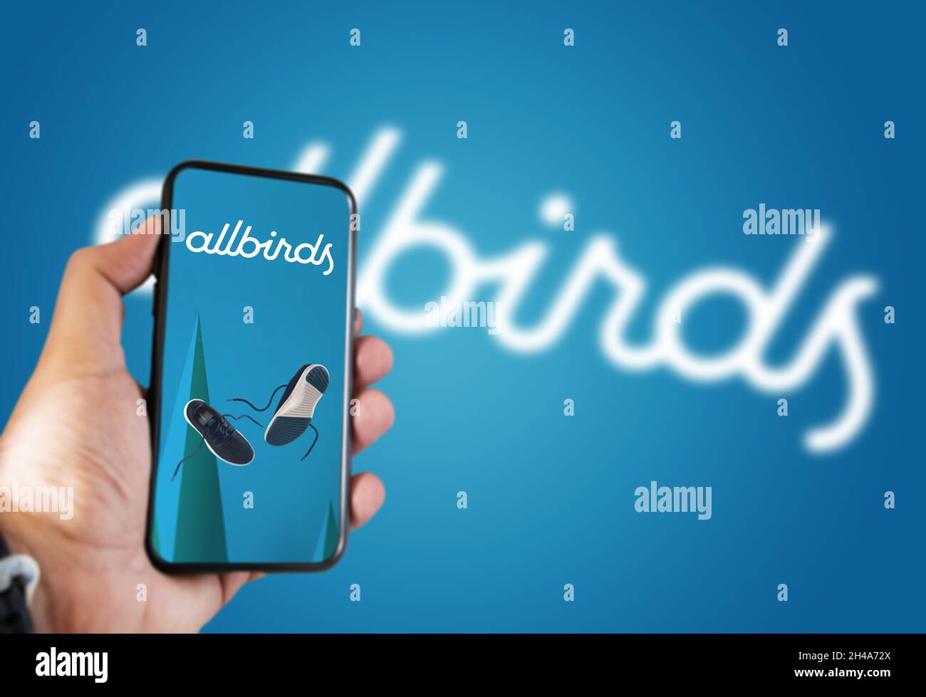 San Francisco, Etats-Unis, octobre 2021 : main tenant un téléphone avec l'application mobile Allbirds à l'écran et le logo flou sur fond bleu.Allbirds Banque D'Images