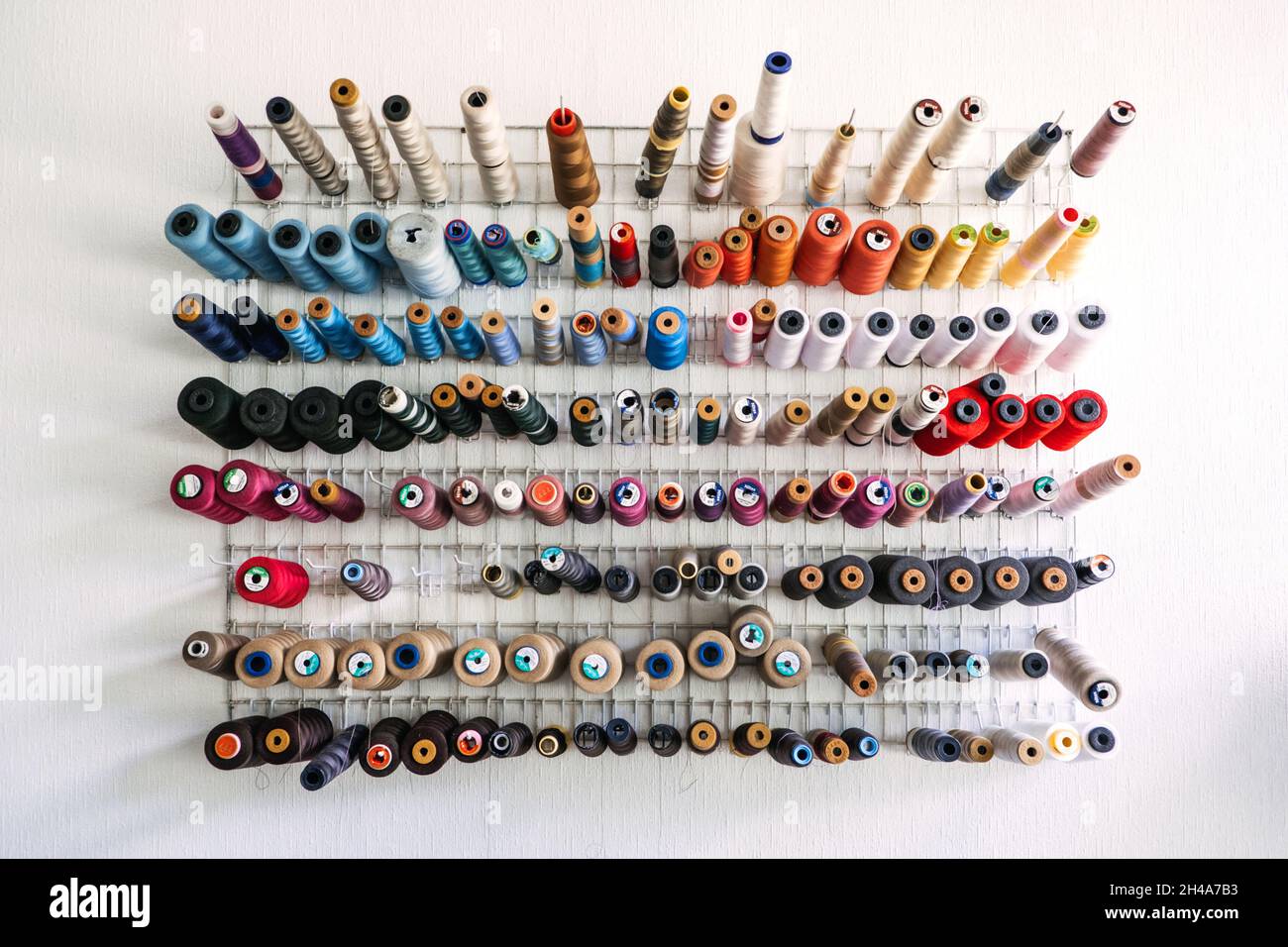 De nombreuses bobines de fil, rouleau de fil de coton, matériel de couture sur le mur dans le studio de couture, tissu.Bobine de fil de broderie colorée dans le studio de couture Banque D'Images