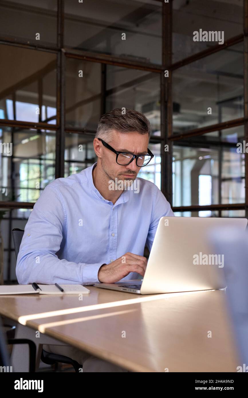 PDG masculin concentré travaillant avec un ordinateur portable dans un bureau moderne lors d'une réunion à table. Banque D'Images