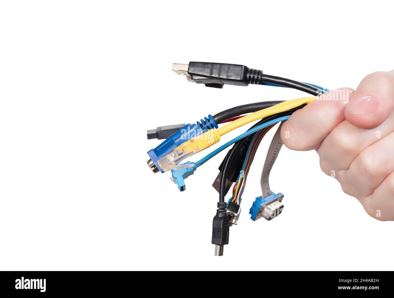 Bande de câbles d'ordinateur dans la main des femmes isolées sur fond blanc. Faisceau de câbles d'interface d'ordinateur avec différents connecteurs Banque D'Images