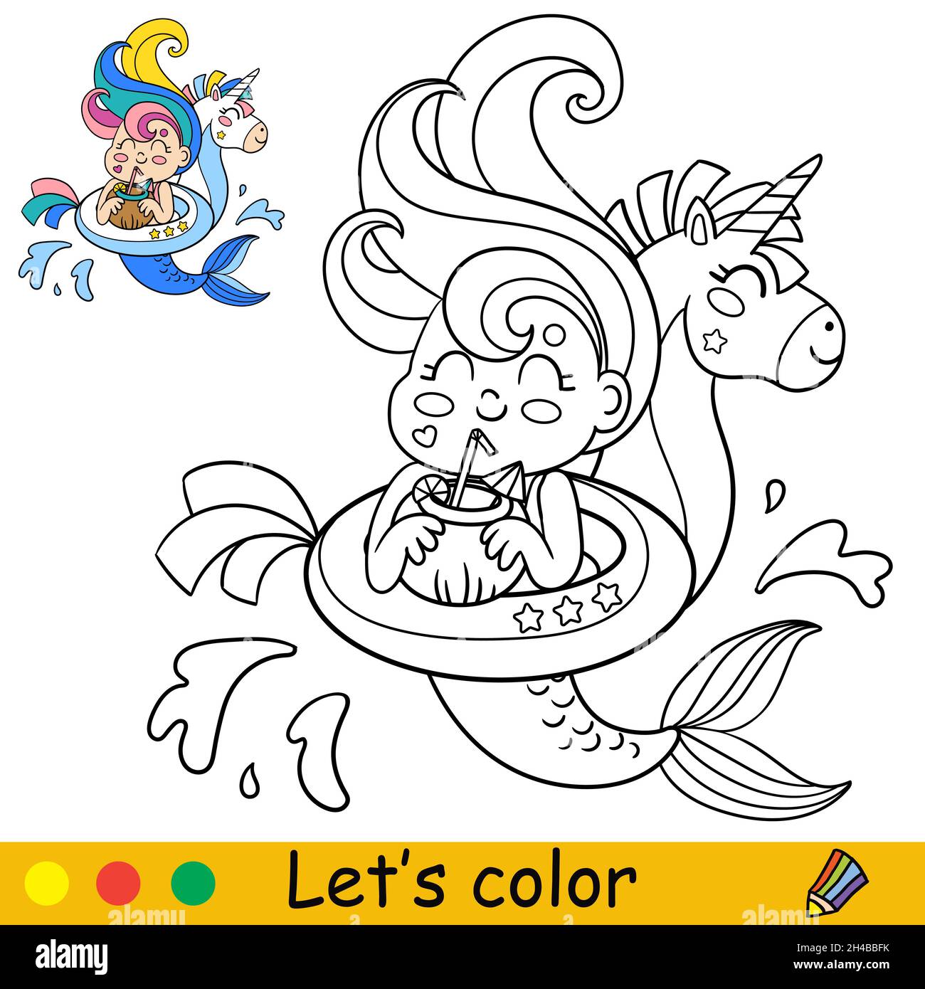Mignonne kawaii mermaid dans le cercle gonflable unicorn boire un cocktail.Page de coloriage et modèle coloré pour l'éducation des enfants.Illustration vectorielle.Pour Illustration de Vecteur