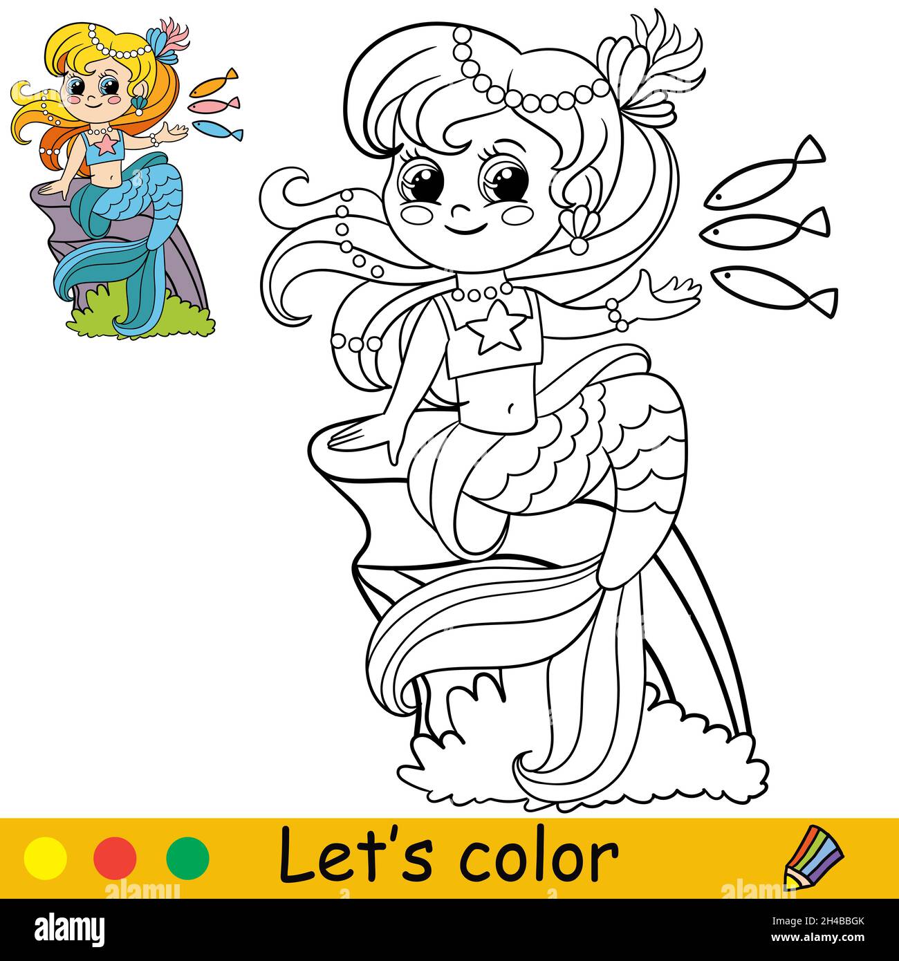 Mignon dessin animé mermaid nourrit les poissons.Page de coloriage et modèle coloré pour l'éducation des enfants d'âge préscolaire et scolaire.Illustration vectorielle.Pour le design, t shi Illustration de Vecteur