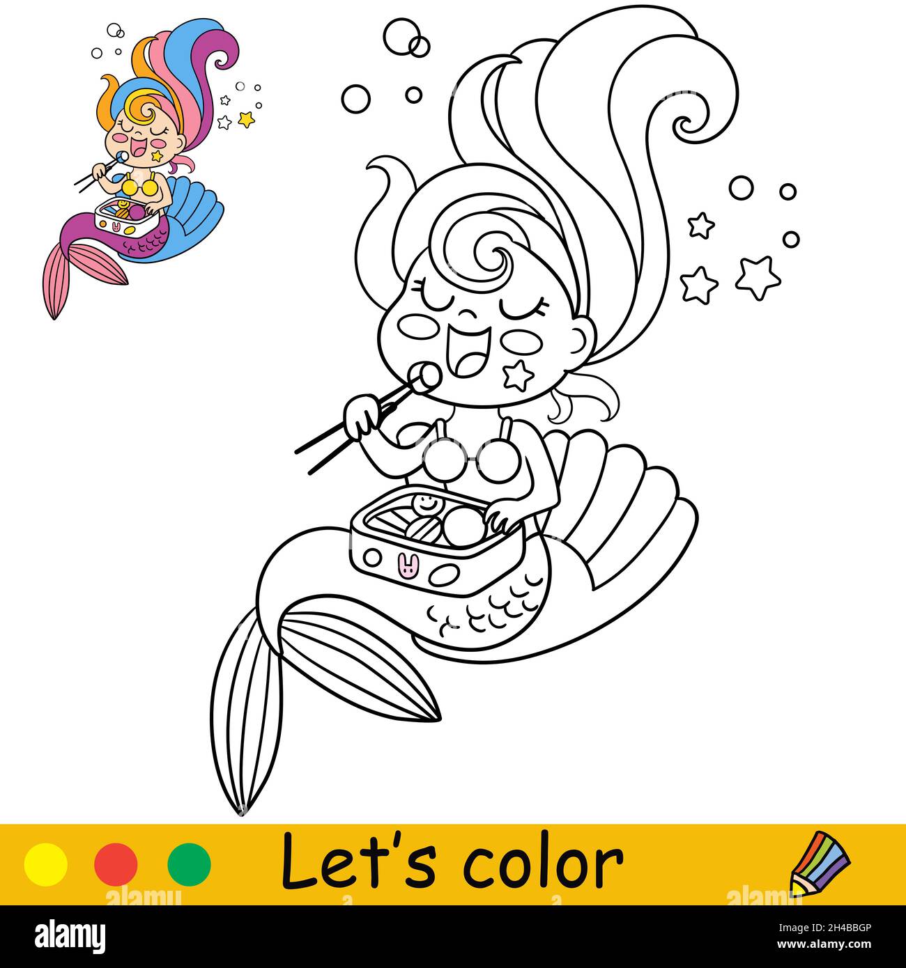Mignonne sirène kawaii assise dans un bord de mer et mangeant des sushis.Page de coloriage et modèle coloré pour l'éducation des enfants.Illustration vectorielle.Pour la conception, t Illustration de Vecteur