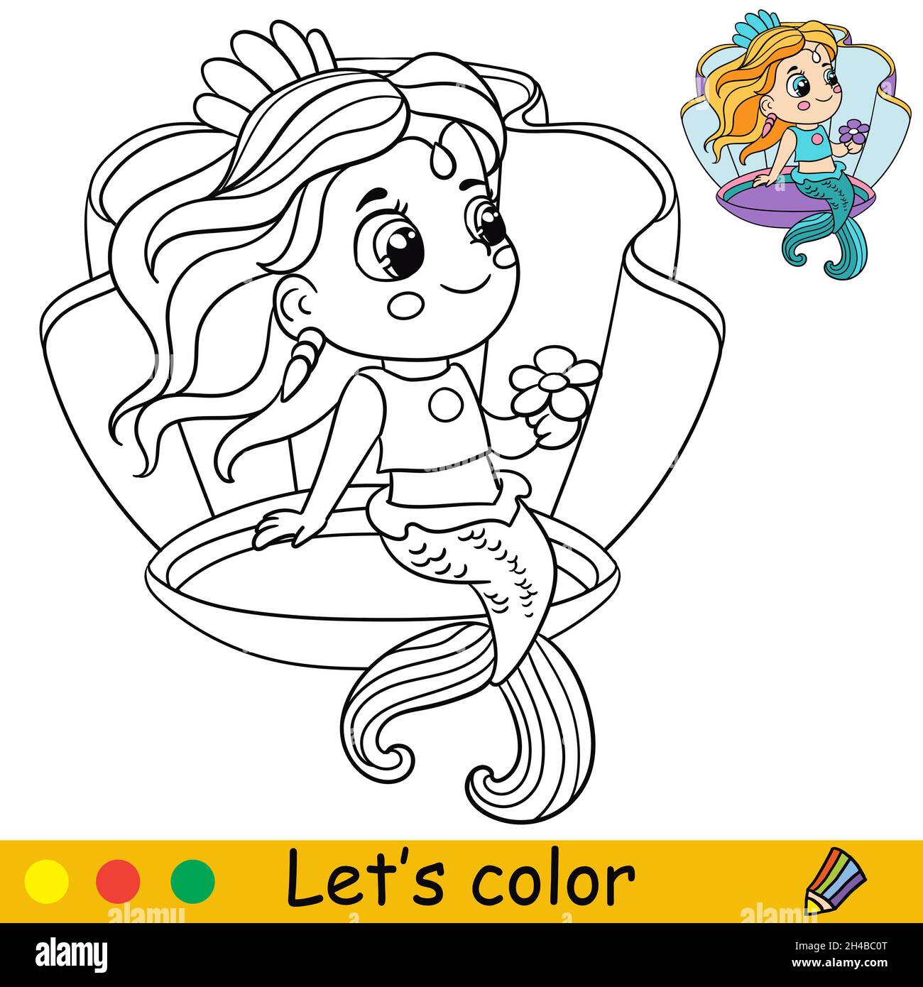Mignon dessin animé princesse sirène assis dans le bord de mer.Page de coloriage et modèle coloré pour l'éducation des enfants d'âge préscolaire et scolaire.Illustrateur de vecteur Illustration de Vecteur