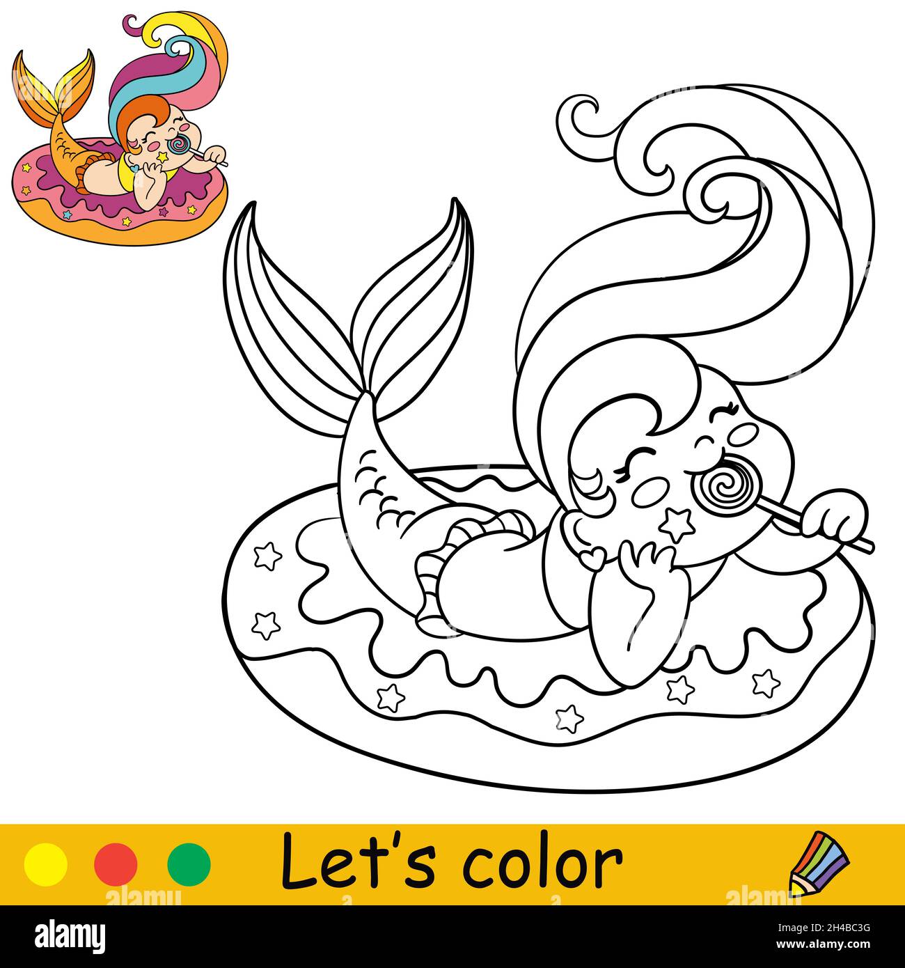 Une mignonne de kawaii dans un cercle gonflable mange un lullypop.Page de coloriage et modèle coloré pour l'éducation des enfants.Illustration vectorielle.Pour la conception, t s Illustration de Vecteur