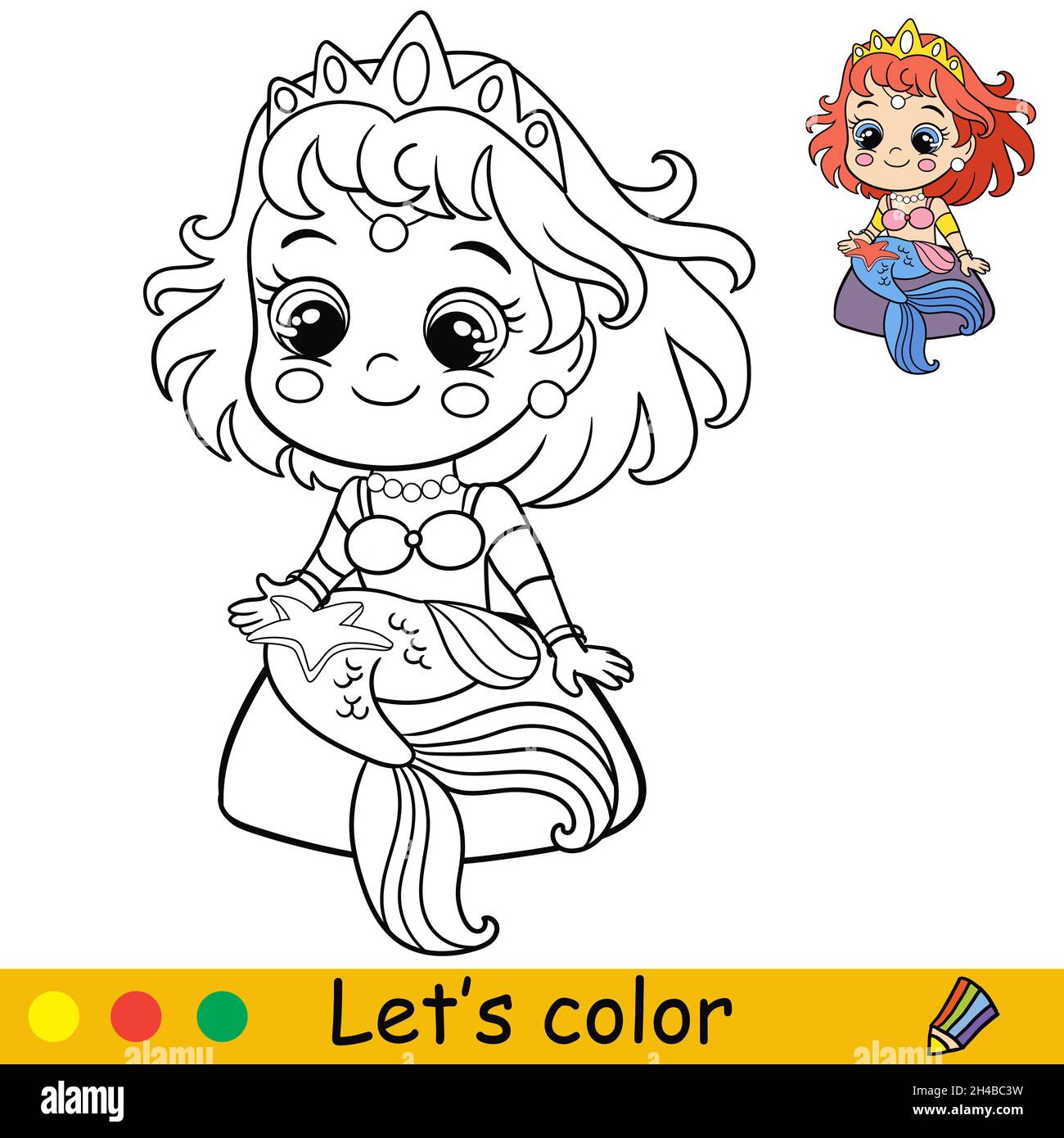 Mignonne petite sirène assise sur une pierre et regardant sur une étoile de mer.Page de coloriage et modèle coloré pour l'éducation des enfants.Illustration vectorielle.Pour de Illustration de Vecteur Mignonne petite sirène assise sur une pierre et regardant sur une étoile de mer.Page de coloriage et modèle coloré pour l'éducation des enfants.Illustration vectorielle.Pour de Illustration de Vecteur