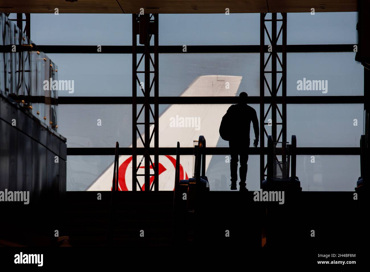 Los Angeles, Californie, États-Unis.29 mars 2019.Les passagers montent un escalator jusqu'au contrôle de sécurité de la TSA, passant la queue d'un Boeing Co. 777-300ER (Inscription JA733J) de Japan Air Lines (JAL) à l'intérieur du terminal international Tom Bradley à l'aéroport international de Los Angeles (LAX) le vendredi 29 mars 2019 à Los Angeles, en Californie © 2019 Patrick T. Fallon (Credit image:© Patrick Fallon/ZUMA Press Wire) Banque D'Images