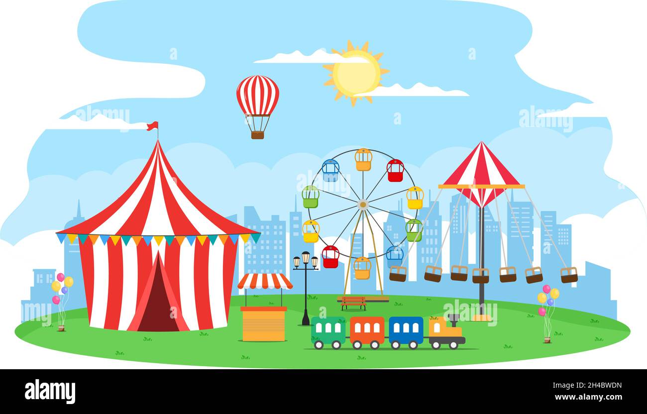 Foire d'été avec carnaval, cirque, Funfair ou parc d'attractions.Paysage de carrousels, montagnes russes, ballon d'air et scénario de terrain de jeu Illustration de Vecteur