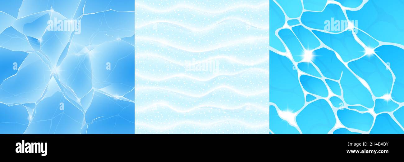 Textures de jeu de glace, neige et eau sans couture motif vue du dessus.Arrière-plans texturés de dessins animés, surface gelée et liquide, modèles de conception graphique, couches d'aménagement paysager ui ou gui, illustration vectorielle Illustration de Vecteur