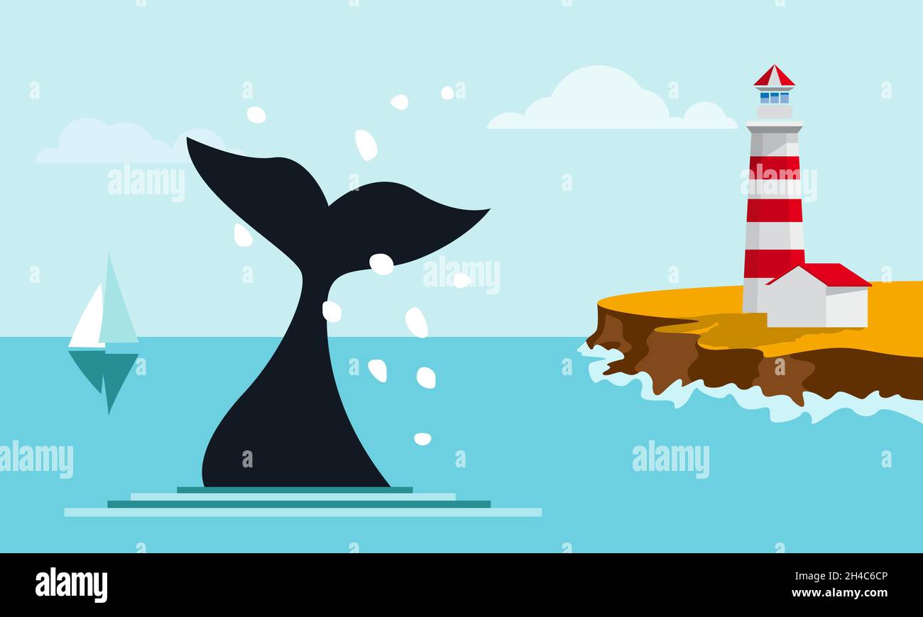 Plongée de baleines avec des éclaboussures de mer.Queue et gouttes d'eau.Phare sur la falaise.Modèle de conception pour Brochure, Prospectus ou Depliant à des fins commerciales.Ven Illustration de Vecteur