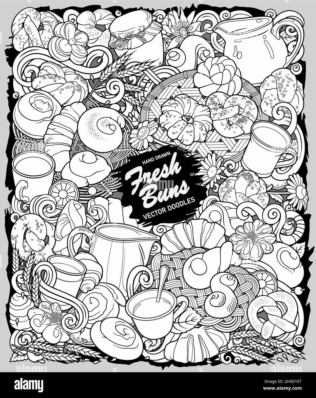 Illustration de la nourriture et des boissons à motif de gribouillages vectoriels dessinés à la main. Illustration de Vecteur