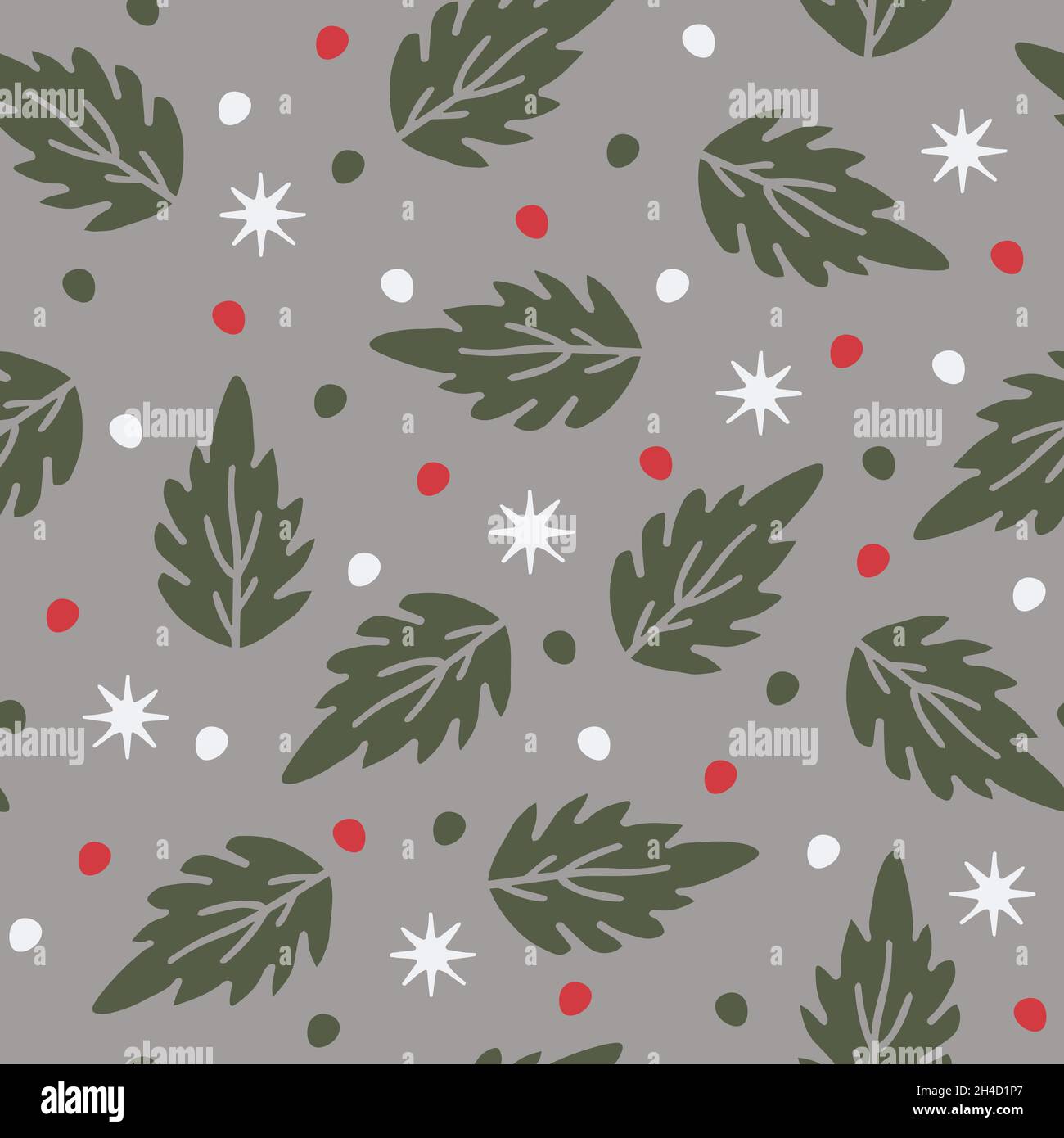 Motif vectoriel transparent avec feuilles et points sur fond gris argenté.Papier peint d'hiver simple.Tissu de mode fleuri de Noël. Illustration de Vecteur