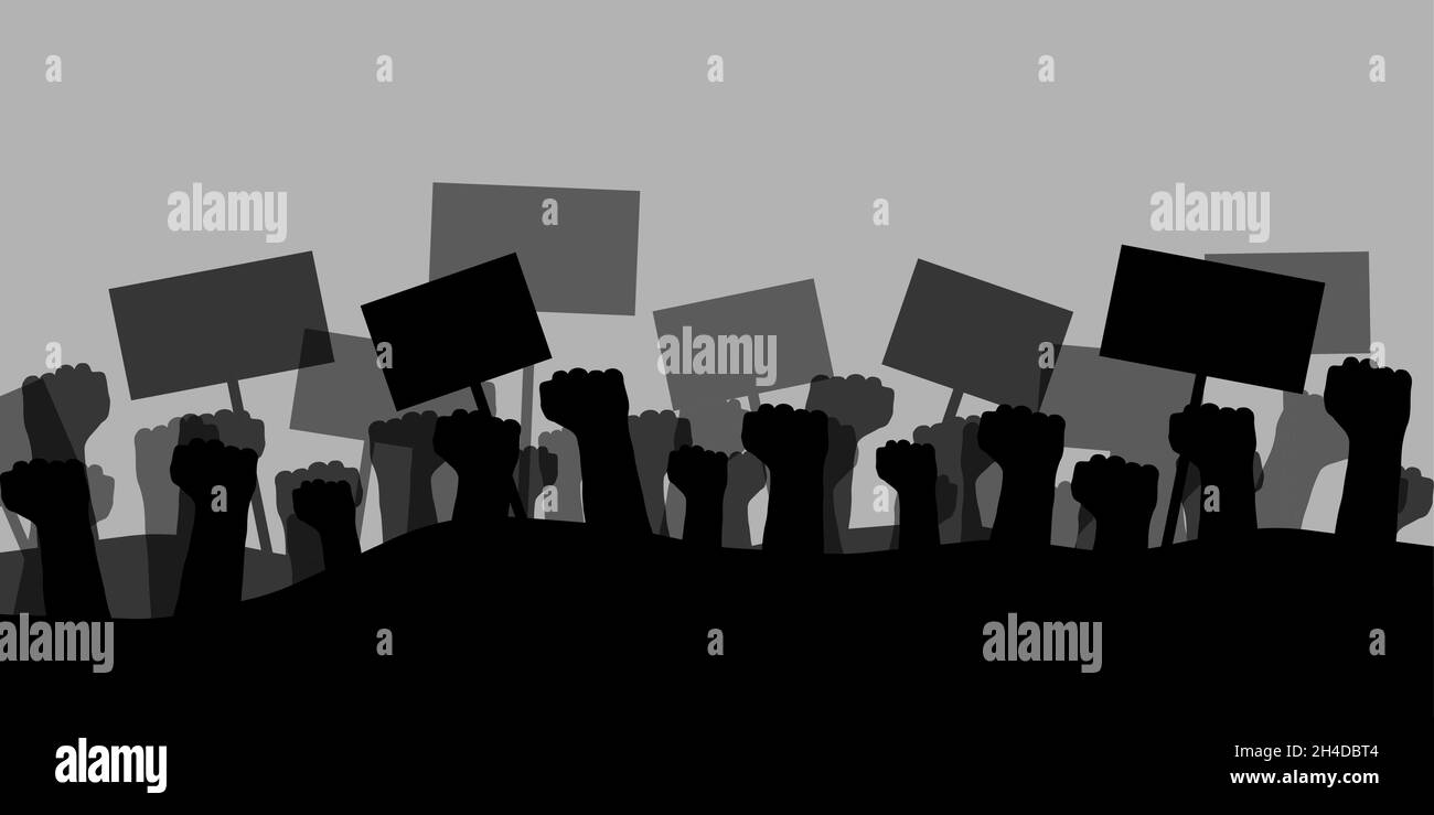 Mains avec des panneaux.Concept de fond de silhouette de protestation. Illustration de Vecteur