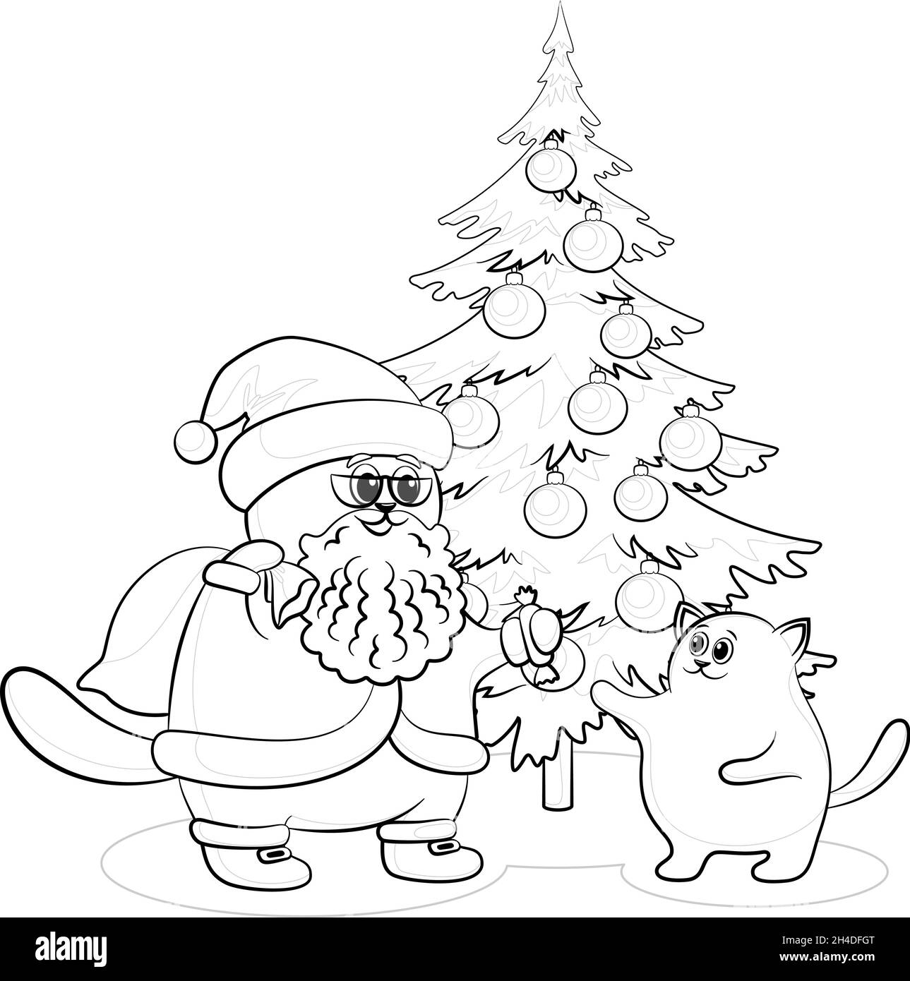 Le dessin animé de Noël, le Père Noël chat donne une friandise à un chaton près de l'arbre de Noël, contours noirs isolés sur fond blanc.Vecteur Illustration de Vecteur