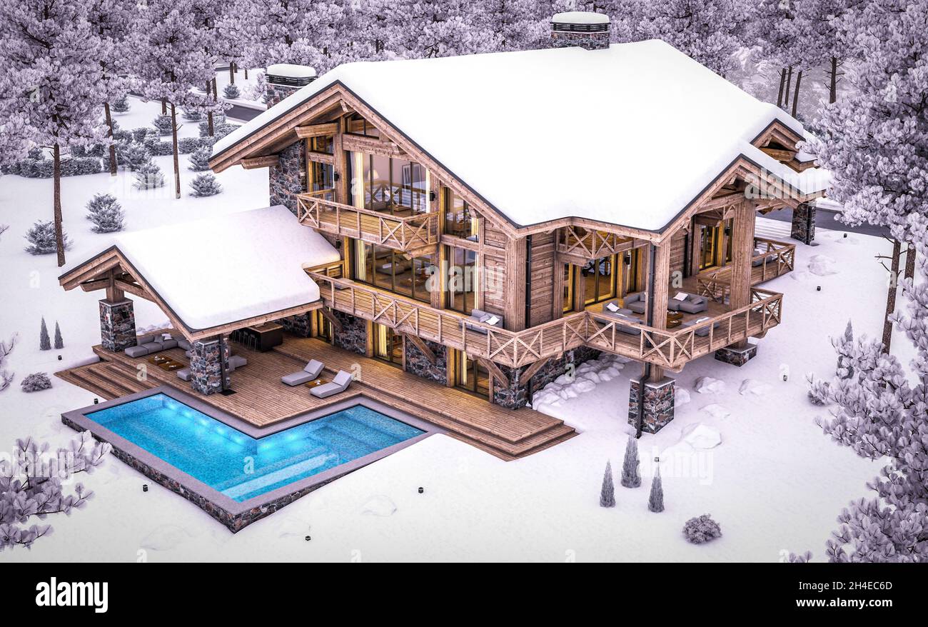 réalisation en 3d d'un chalet moderne et confortable avec piscine et parking à vendre ou à louer. Belles montagnes forestières en arrière-plan. Colonnes à poutres en bois massives. COO Banque D'Images